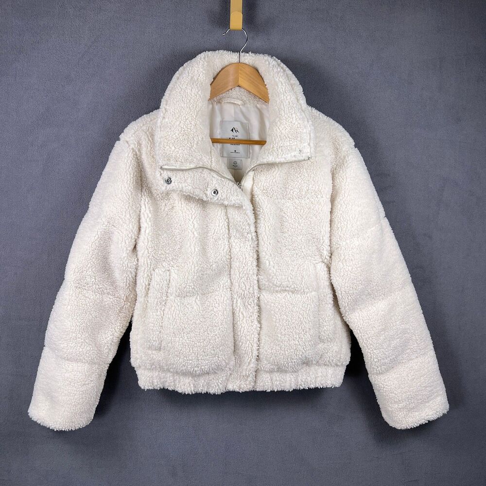 Abercrombie & Fitch Cream Sherpa Puffer Jacket Womens Med Full Zip Fleece Coat